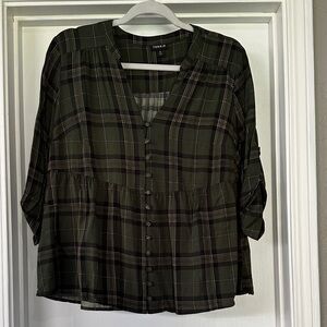 torrid Dark Olive Plaid Button-Front Peasant Blouse EUC